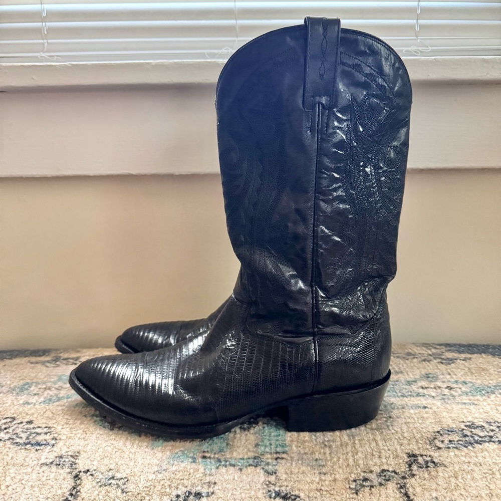 Vintage Dan Post Black Black Leather/ Lizard Western Cowboy Boots size 11 Men’s - Picture 7 of 12